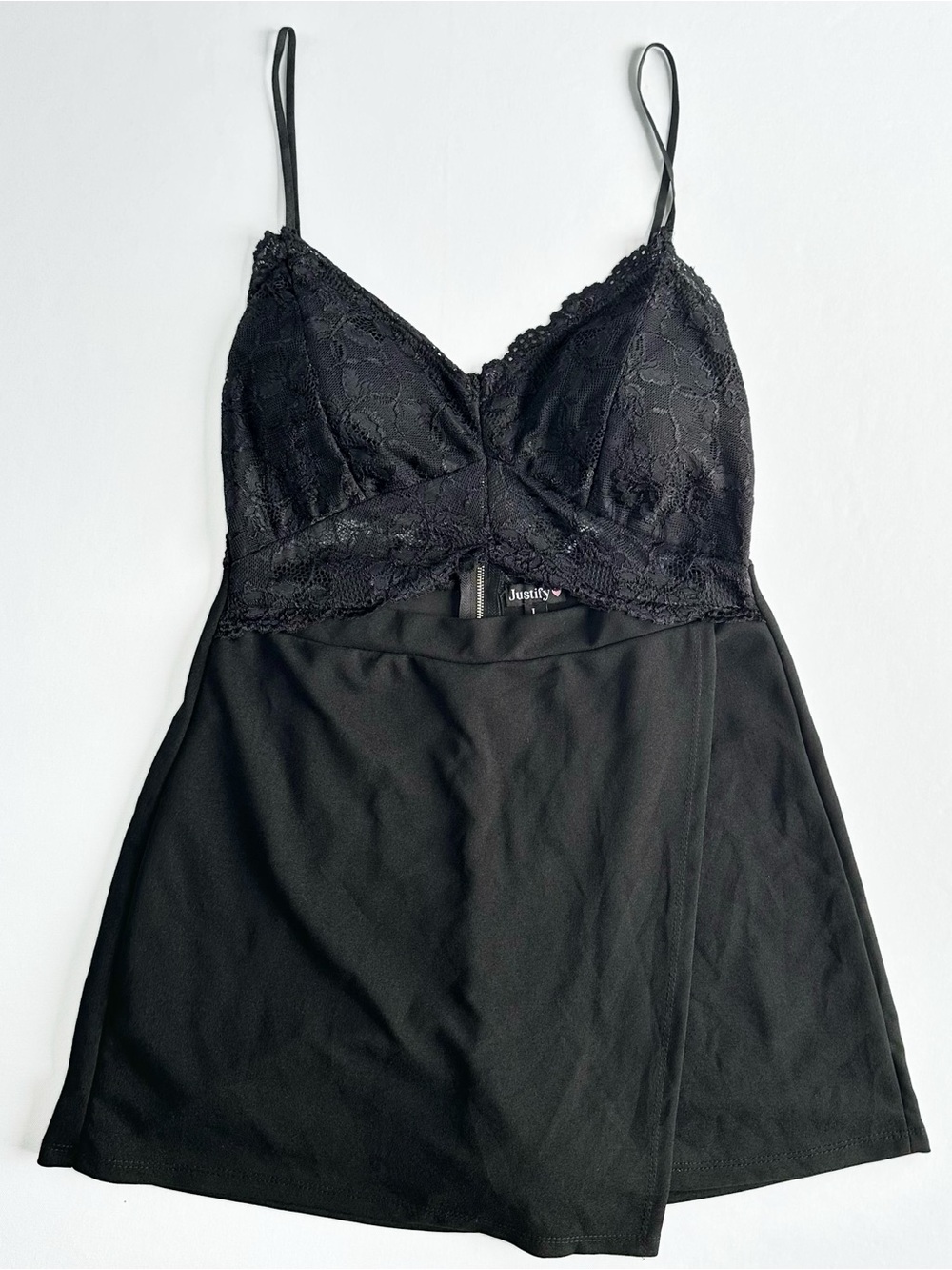 Justify Black Lace Party Romper Skort Padded Cup Bralette Cutout faux Mini Dress